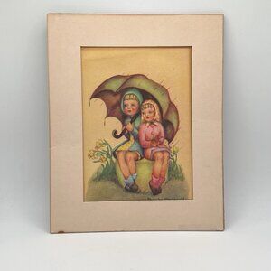 Vintage Phoebe MacDonald Hummel Lithograph W/ Matte Kids Under Umbrella Art Deco